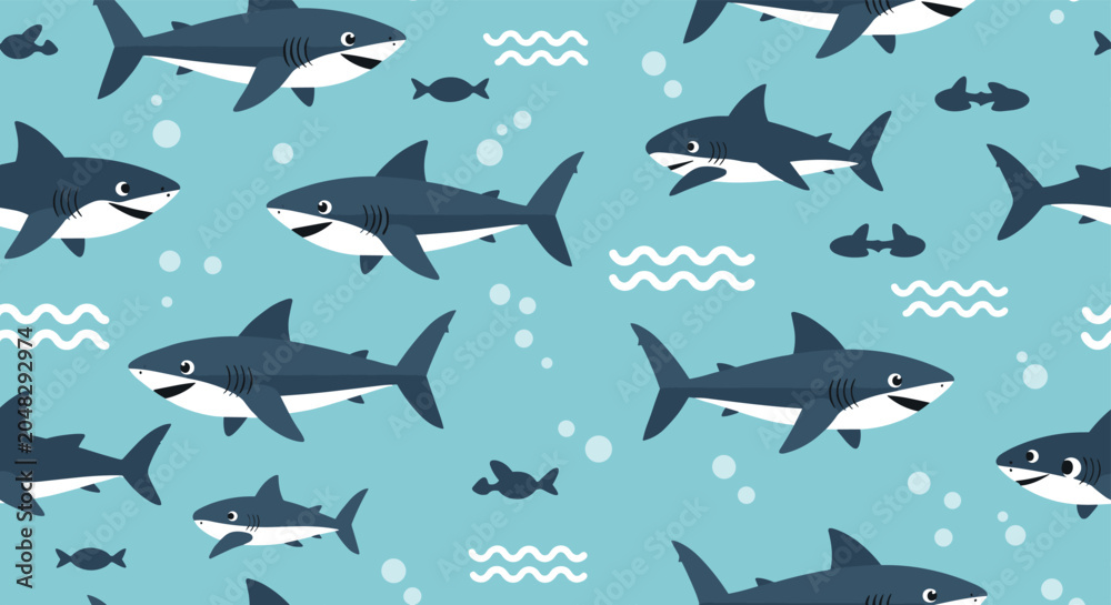 Obraz premium Friendly grey sharks seamless pattern with bubbles, waves, and small fish on a light blue background for ocean themed kids room decor.