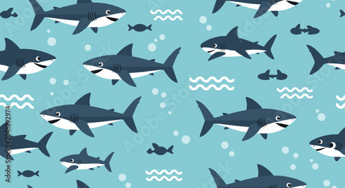 Friendly grey sharks seamless pattern with bubbles, waves, and small fish on a light blue background for ocean themed kids room decor.