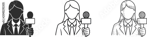 Fotografía News reporter journalist icons with microphone interview symbols for media broadcasting and communication design projects