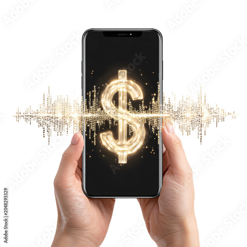 Professional Hands Holding Smartphone with Holographic Golden Dollar Sign