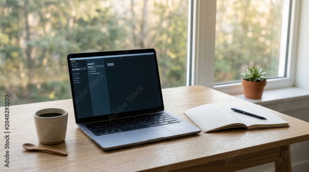 Fototapeta premium Laptop on a Wooden Desk with Coffee and Notebook by a Window.