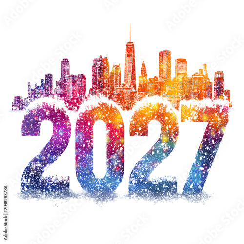 Snowy City Skyline: Bright Cityscape for New Year 2027 Celebrations