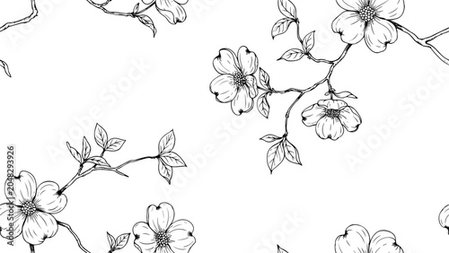 Принти на полотні Seamless pattern of hand-drawn dogwood flower branches, elegant black and white botanical illustration for surface design projects, image_337af9