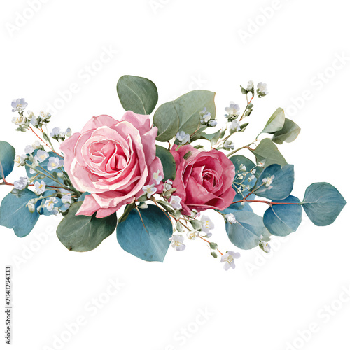 Professional Horizontal Floral Arrangement with Two Pink Roses and Blue-Green Leaves