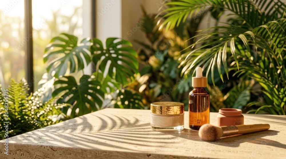 Fototapeta premium Natural Skincare Products with Tropical Plants and Sunlight.