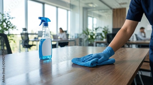 Professional cleaning service staff member wearing blue rubber gloves wiping modern wooden office desk with microfiber cloth and spray bottle during daily sanitation.