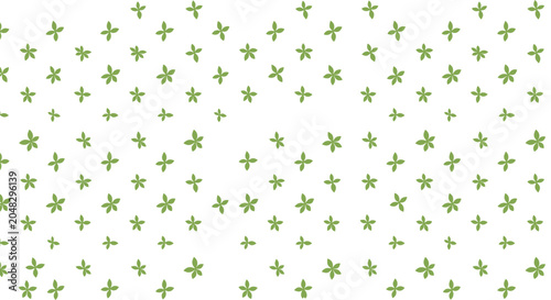 Minimalist seamless pattern featuring small green leaf clusters scattered in a random pattern on a white background.