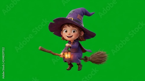Little girl dressed as a witch flying.