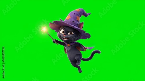 Black cat in witch hat flying.