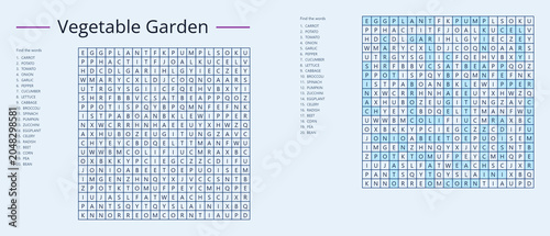 Word search puzzle featuring vegetable names in a garden theme with a colorful background