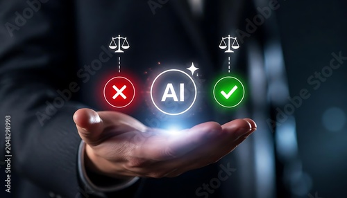 AI Ethics and Regulation Concept with Businessman Hand Holding Artificial Intelligence Icon, Checkmark and Cross Symbols