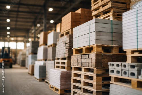Stacked building materials in a large warehouse interior.