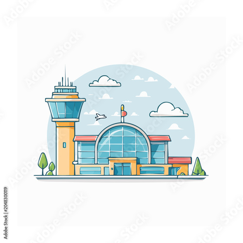 Modern Airport Terminal Building with Control Tower and Airplane