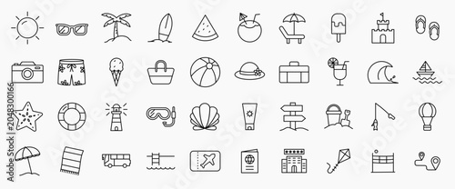 Summer icons set in simple thin line. Collection of icons related to summer, travel, and holiday, including beach, sunglasses, sun screen, hotel, swimming pool, ticket, surfing, cocktail, boat. etc. 