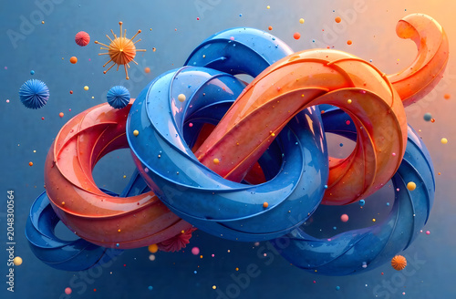 Abstract colorful sculpture with twisting shapes and floating spheres set against a blue background during daylight