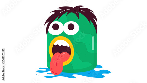 Bild auf Leinwand Funny cartoon green cylindrical monster with black hair drooling blue liquid iso