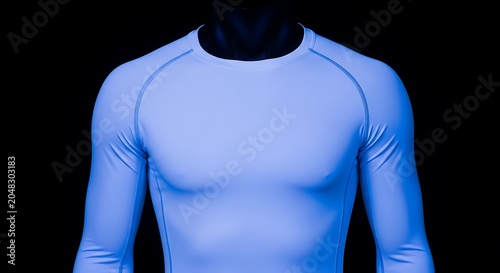 Blue Long Sleeve Compression Shirt Mockup, Athletic Base Layer for Men, Tight Sportswear Rash Guard on Mannequin, Isolated Performance Activewear Top on Black Background