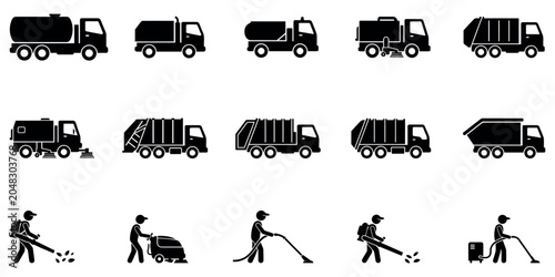 Foto Black silhouette icons of various cleaning vehicles and workers