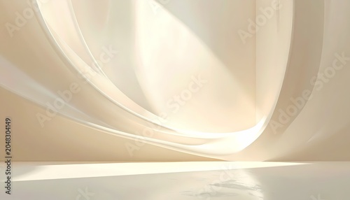 Abstract Flowing Curved Architecture eye-level view for product display stage 3D render with soft warm sunlight on a minimalist cream studio background.