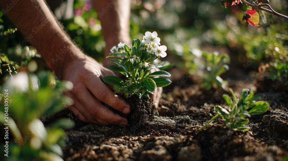 Fototapeta premium A person's hands are shown up close, carefully placing a small plant with white flowers and green leaves into the soil. the soil is dark and textured. Ai generated