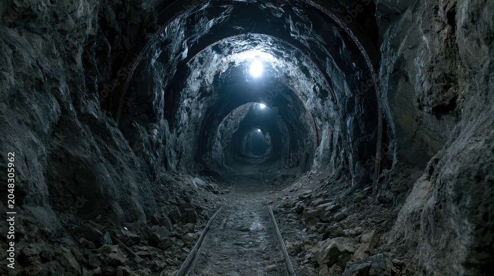 Fototapeta premium Mysterious Underground Mine Tunnel with Dim Lighting and Rough Walls
