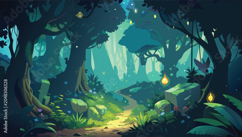 Foto Enchanted forest path with glowing lanterns and mystical flora during twilight v