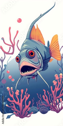 Deep-sea anglerfish in minimalist illustration, marine, abstract