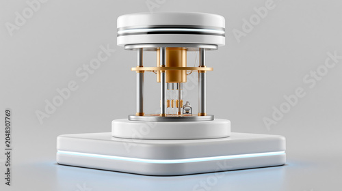 Tack-sharp photo of a quantum computer, complex architecture, cool blue lighting,