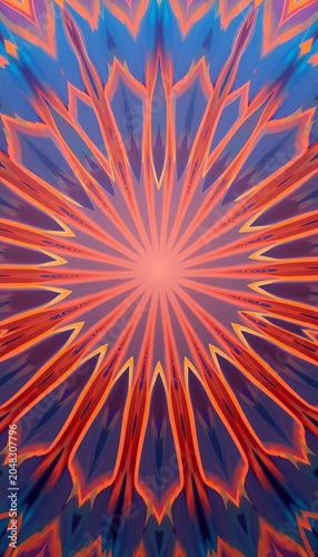 Gradient blue and orange starburst shape with geometric patterns, abstract, illustration