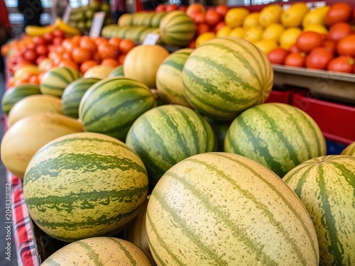 Juicy melons on display at a local fruit market stall, orange, market
