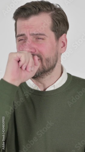 Portrait of Sick Man Coughing, White Screen, Vertical Video