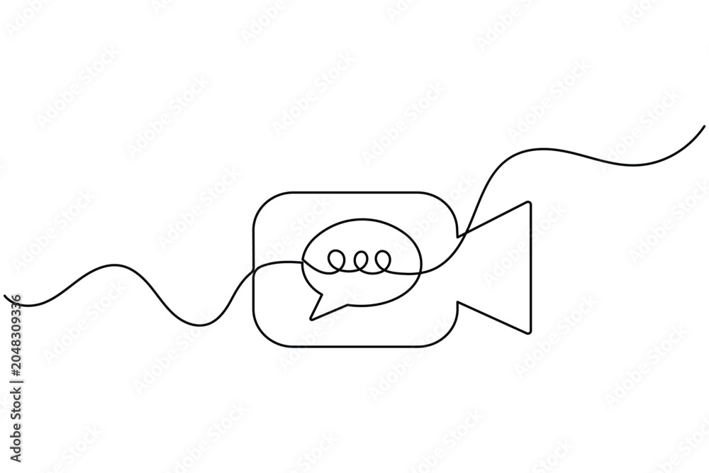 Obraz premium Video call continuous line art vector of camera icon with speech bubble
