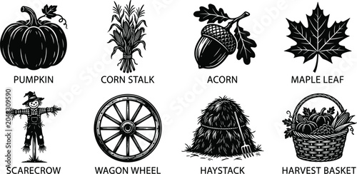 Foto Autumn Harvest Silhouette Icon Set Featuring Pumpkin Corn Acorn Scarecrow Haysta
