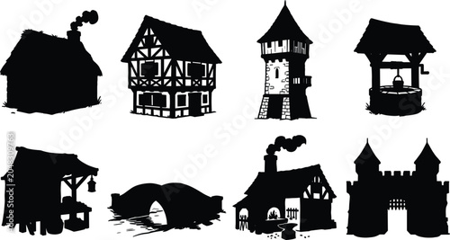Foto Medieval Village Silhouette Collection Featuring Cottage Tower Well Bridge Forge