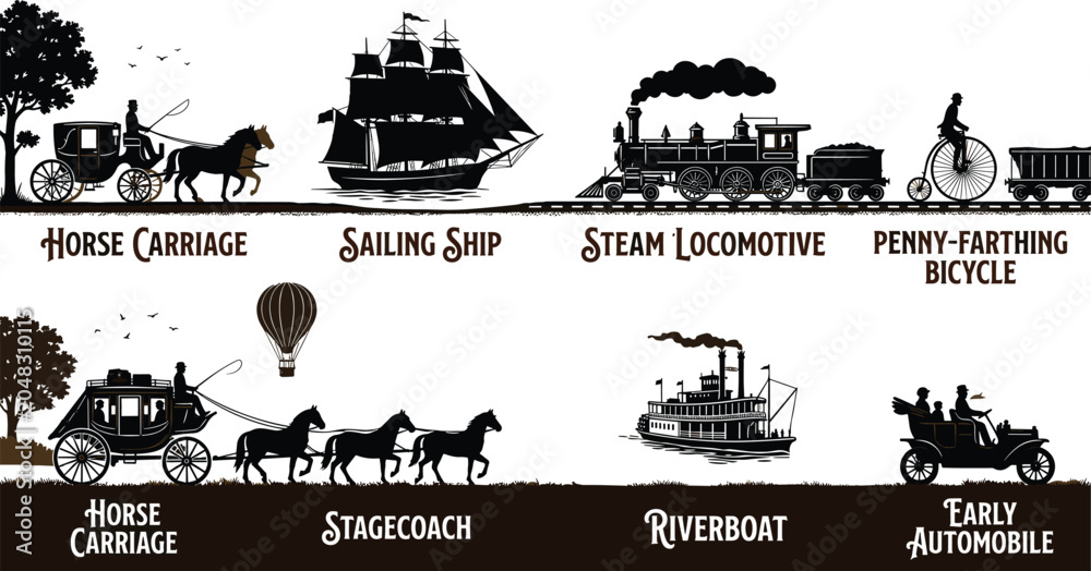 Fototapeta premium Vintage Transportation Silhouette Collection Featuring Horse Carriages Sailing Ships Steam Locomotives and Early Vehicles