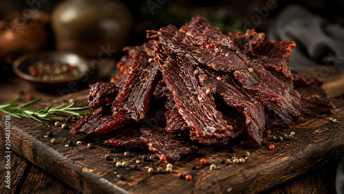Pile of dried beef jerky meat strips on rustic wooden cutting board