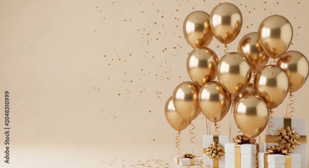 Fototapeta premium Golden balloons and gifts on beige background with confetti