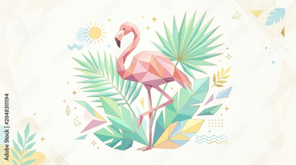 Fototapeta premium Geometric flamingo illustration with tropical foliage and bright colors