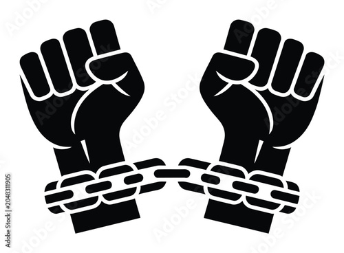 Canvastavla A black and white of two clenched fists held together by heavy metal chains repr