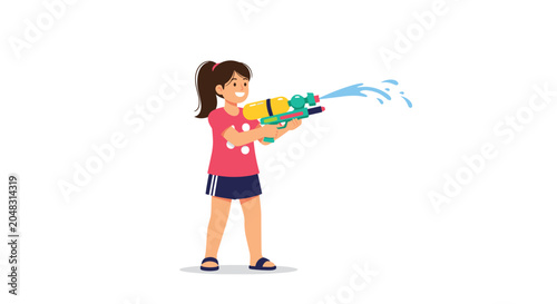 Playful young girl in a red t-shirt shooting a colorful water gun and having fun on a warm summer afternoon.