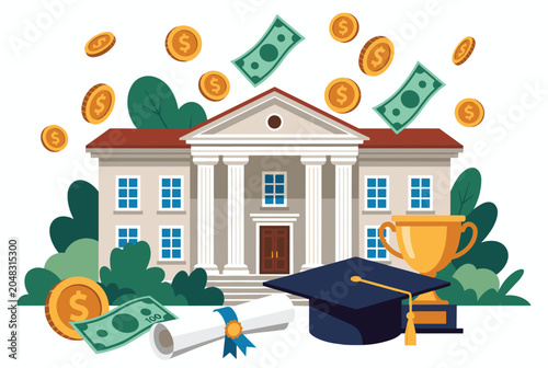Educational success and funding concept features a college building with a graduation cap, diploma, and money falling from the sky.