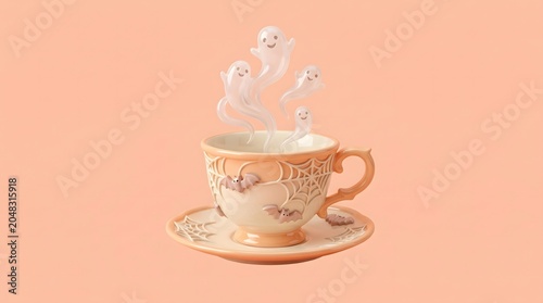 Whimsical phantom spirits playfully emerging from an ornate vintage teacup, creating a delightful and ethereal scene on a warm pastel background