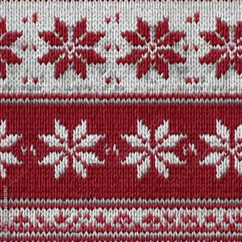 Detailed view of a festive red and white knitted fabric with traditional snowflake patterns