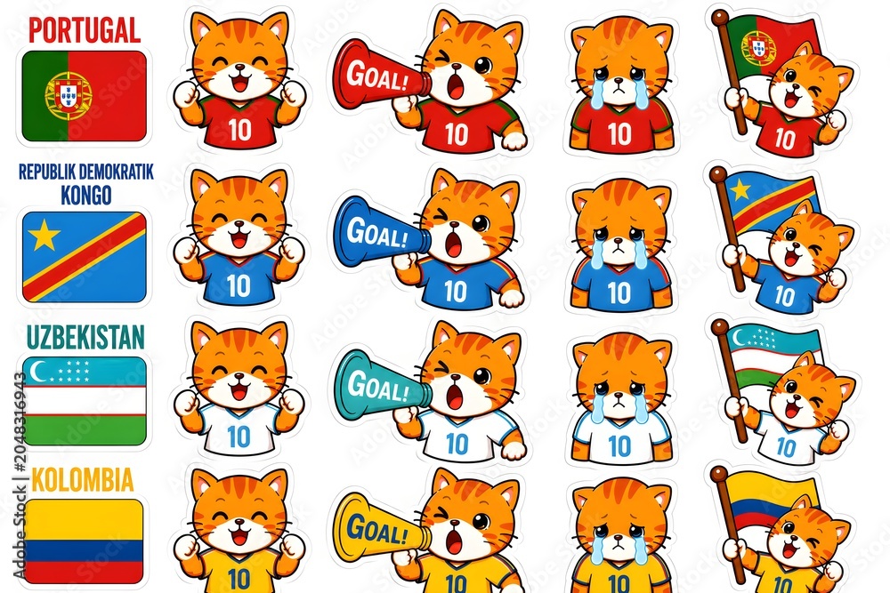 Obraz premium Cute Orange Tabby Cat Football Fan Sticker Pack Featuring Portugal DR Congo Uzbekistan and Colombia Supporters Vector Illustration