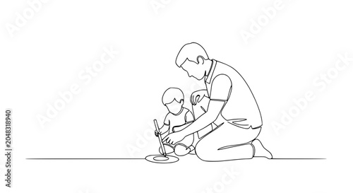 Father and Child Painting Together, Continuous Line Art