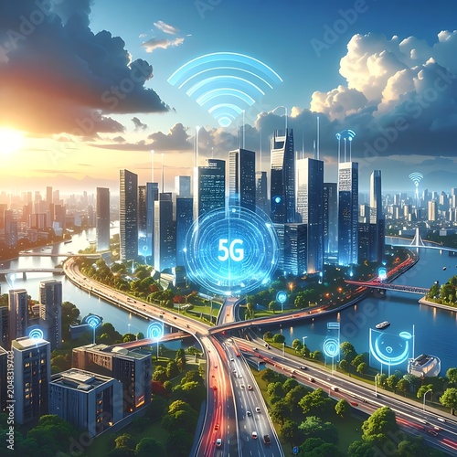 A futuristic cityscape with a highway, skyscrapers, and a river at sunset with 5G network