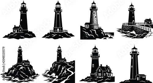 Foto Coastal Lighthouse Silhouette Vector Bundle Featuring Maritime Beacons on Cliffs