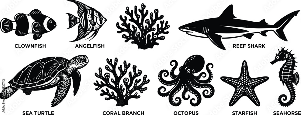 Fototapeta premium Marine Life Silhouette Vector Collection Featuring Reef Shark Sea Turtle Octopus Seahorse and Coral