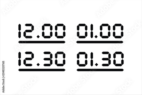 Set of digital clock time display icons, LED font style vector illustration