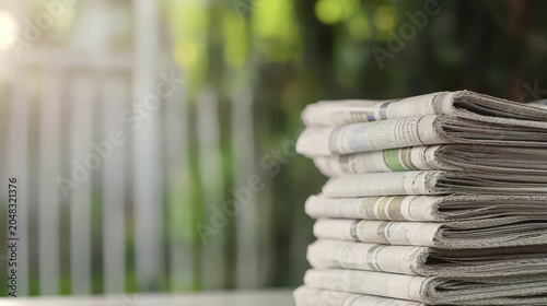 Stacked newspapers serene outdoor setting, showcasing texture and print of paper. sunlight creates warm atmosphere